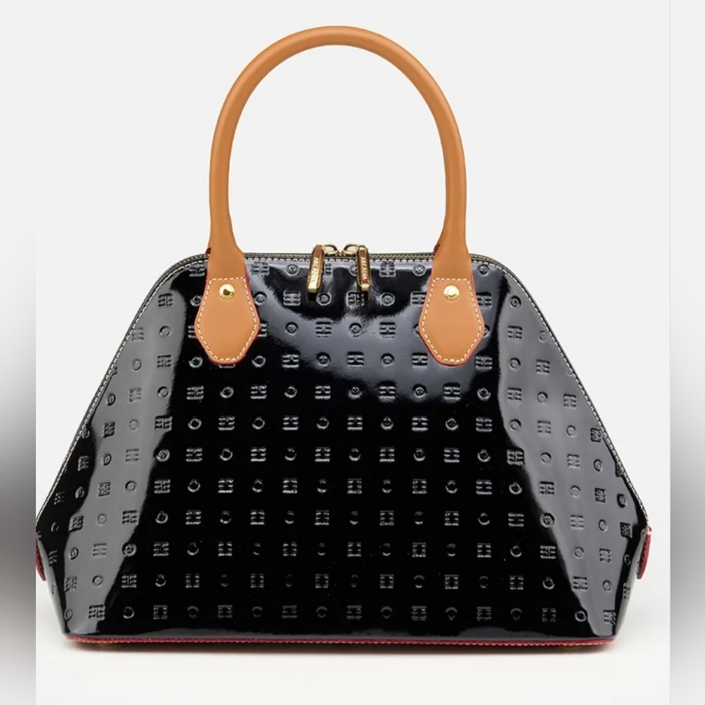 Arcadia Satchel Black Embossed Patent Leather With Tan Handles   Made In Italy